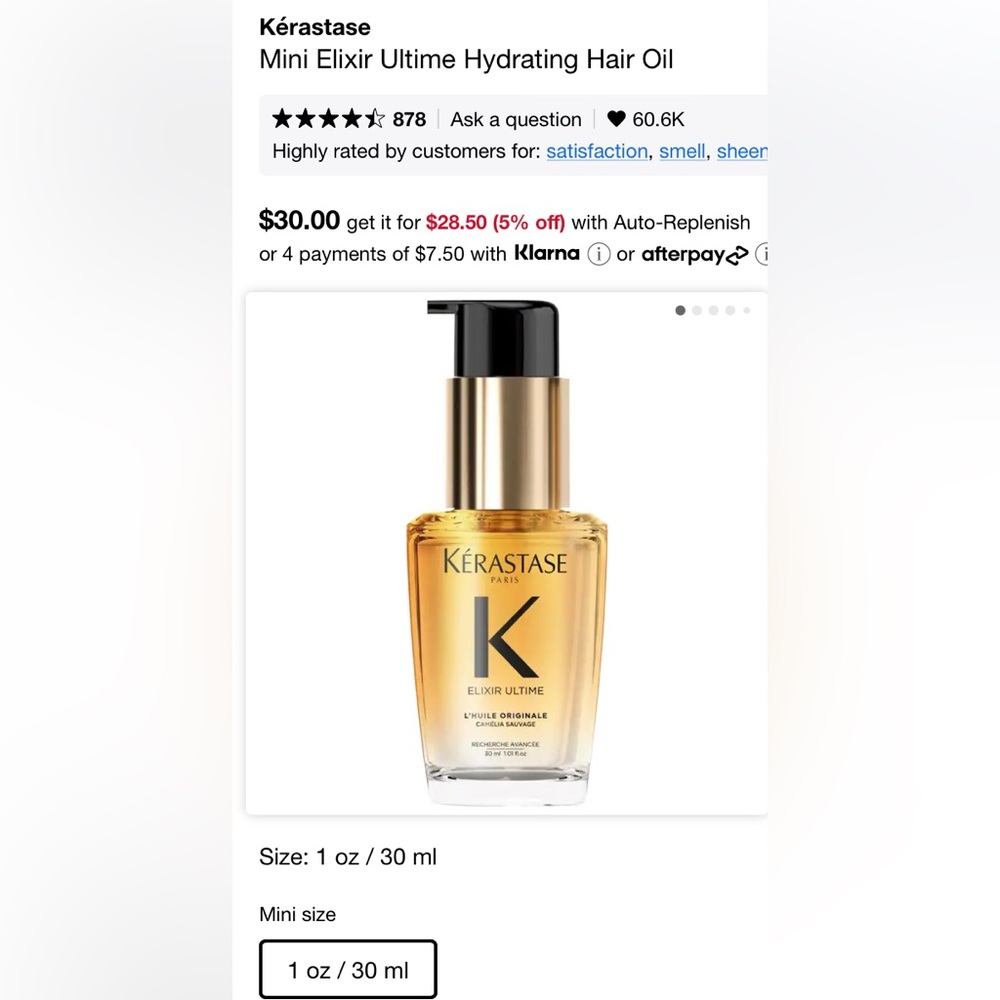 NIB KERASTATE Mini Elixir Ultime Hydrating Hair Oil